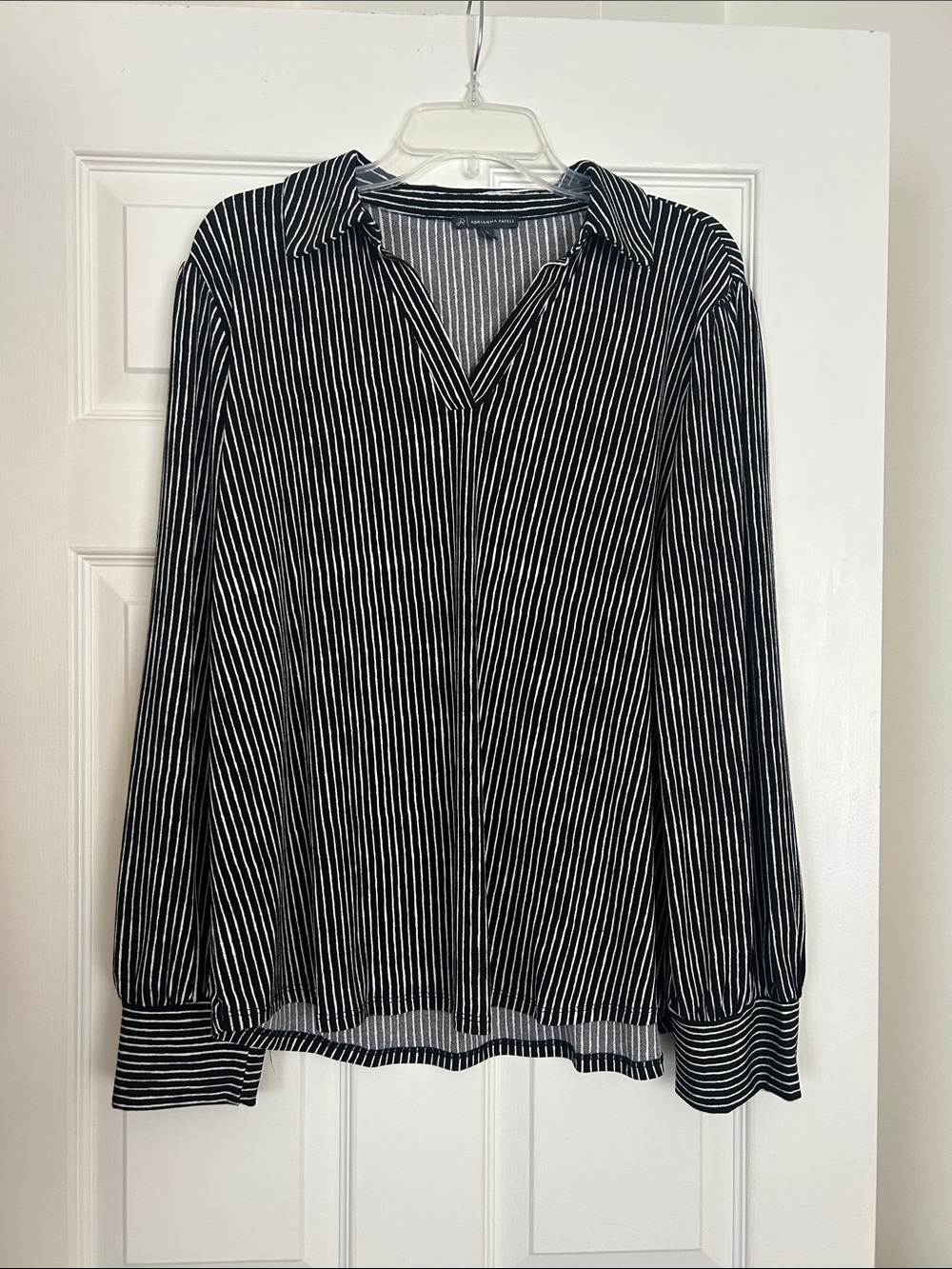 Adrianna Papell Black and White Vertical Stripe Button-Front Blouse